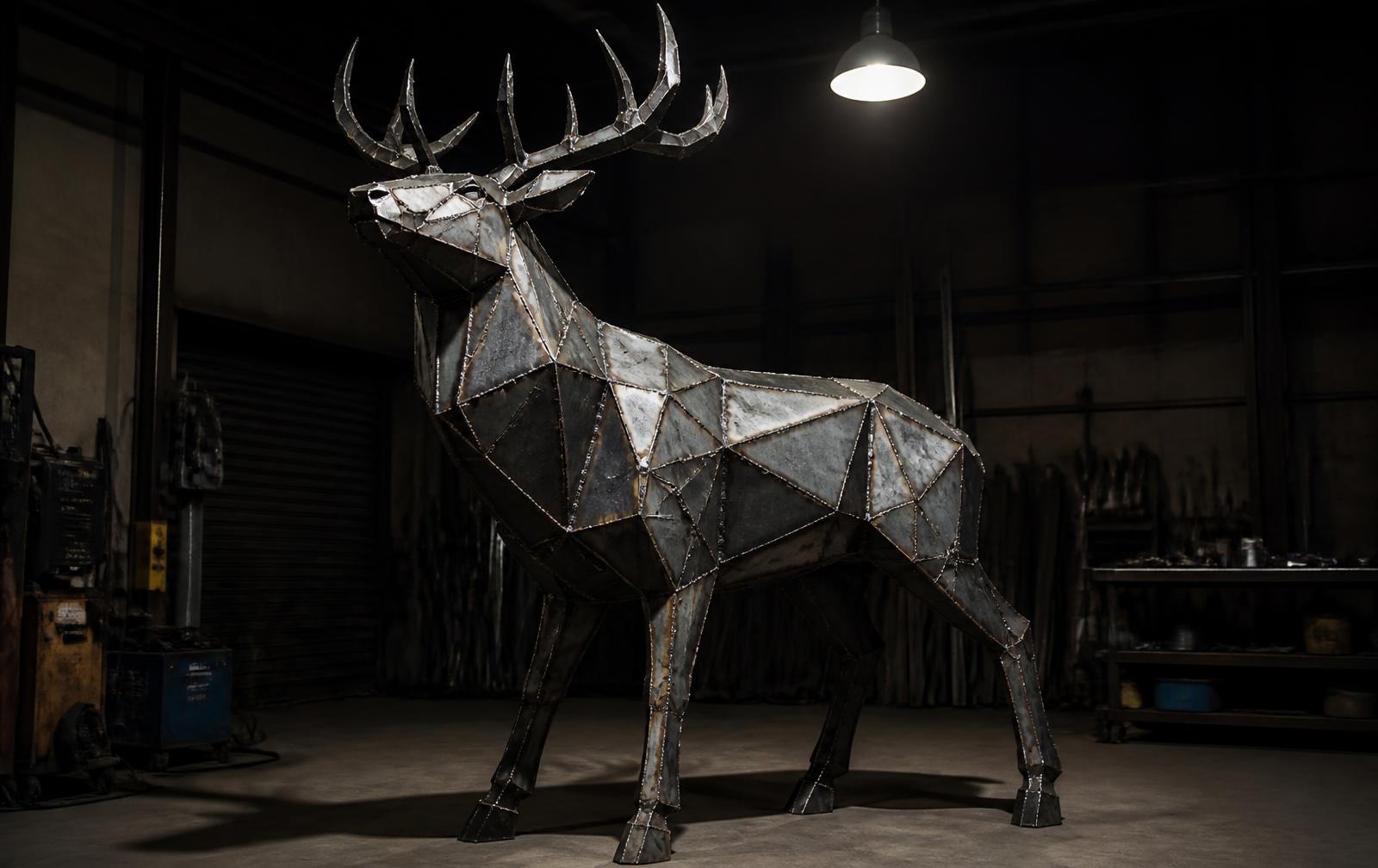 Monarch Stag, a life-size faceted mild steel sculpture with visible weld seams in a fabrication shop