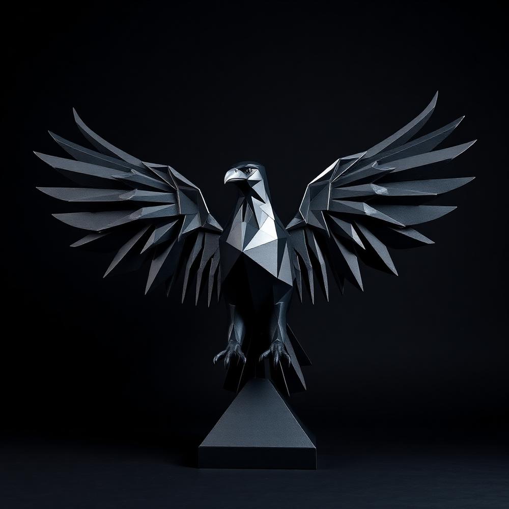 Thermal Raptor, a faceted blackened steel sculpture by Marisol Vega